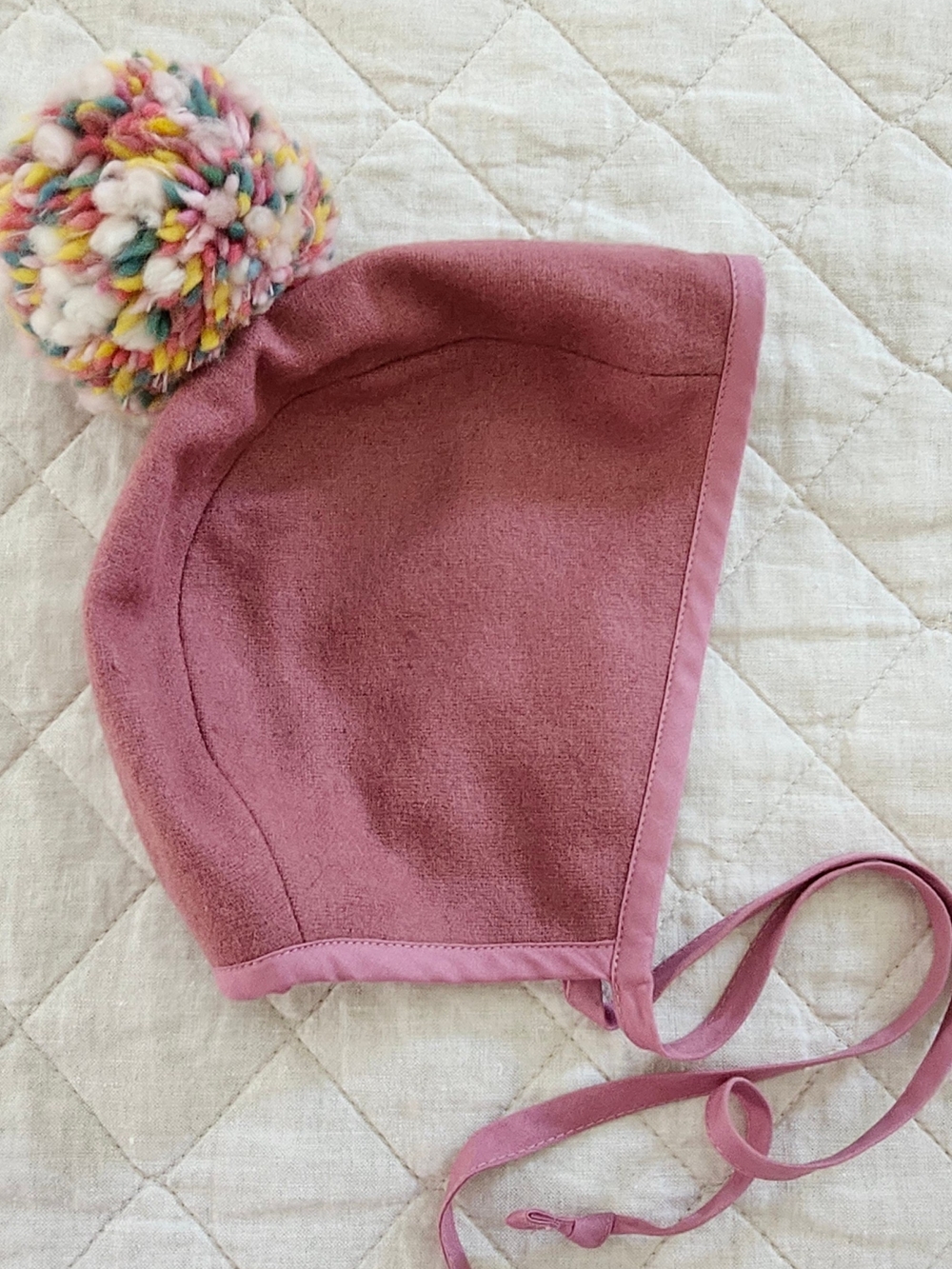 Briar Pink Wool Pom-pom Bonnet, Size 2-4yrs
